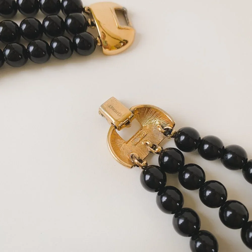Vintage Monet Black Ball Round Beaded Multi Strand Statement Bib Necklace - Picture 10 of 12